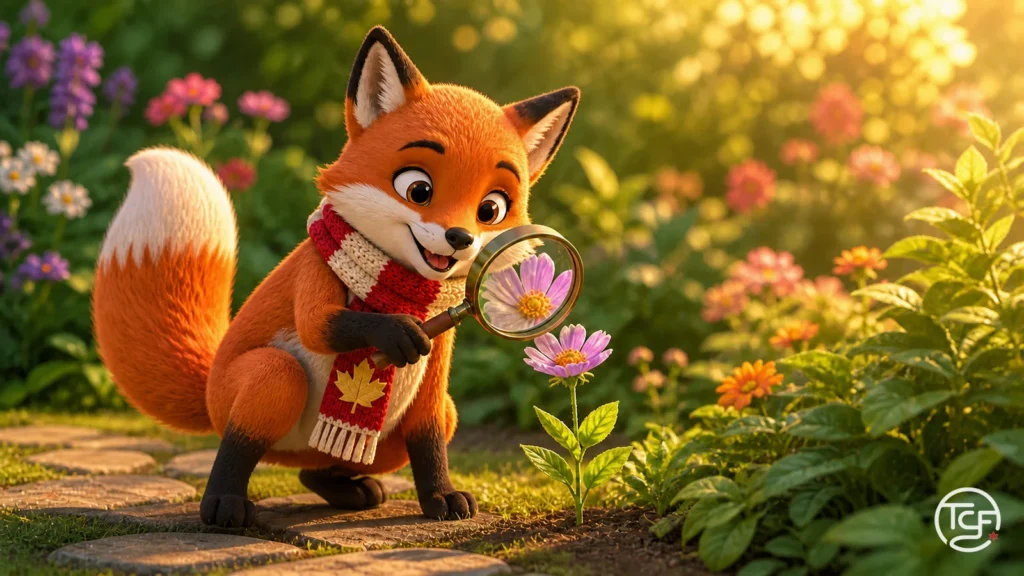 Renard roux du Canada tenant une loupe a manche de bois et examinant une fleur dans un jardin d'ete, avec une echarpe rouge et creme a feuille d'erable.
