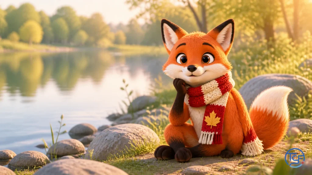 Renard roux du Canada assis pres d'un lac calme, le menton sur la patte, pensif, douce lumiere de printemps, avec une echarpe rouge et creme a feuille d'erable.