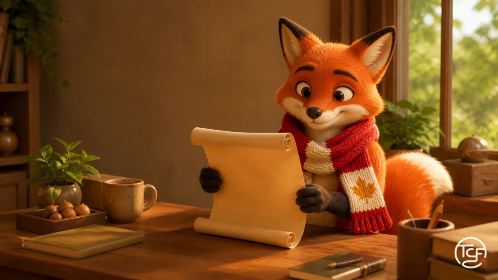 Renard roux du Canada lisant un parchemin vierge deroule sur un bureau de bois dans un bureau chaleureux au printemps, avec une echarpe rouge et creme a feuille d'erable.