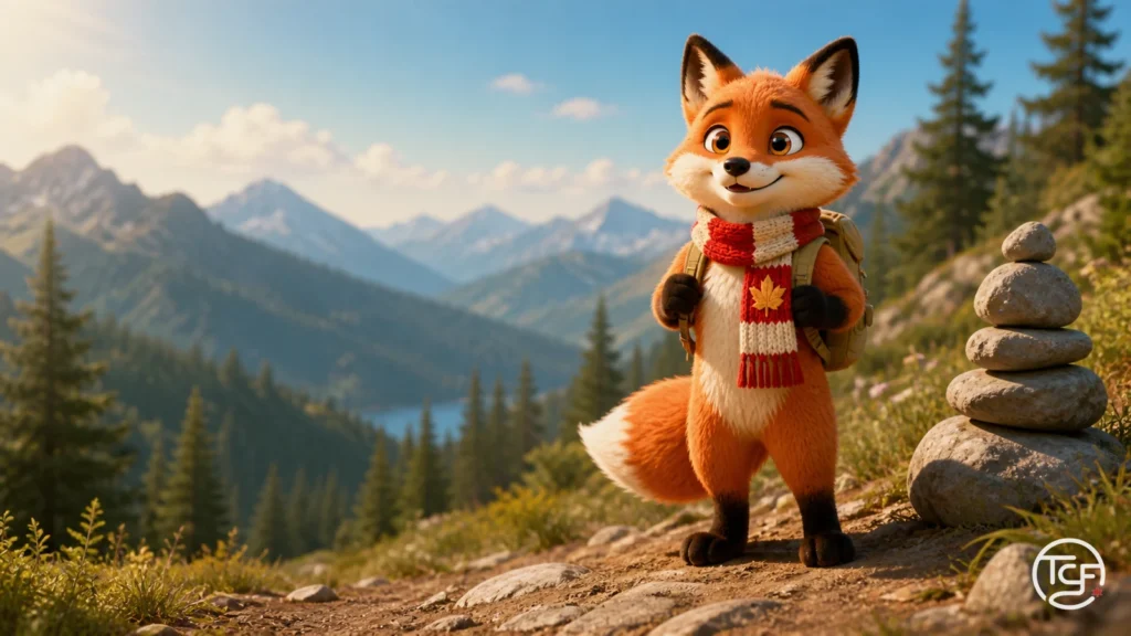 Renard roux du Canada attentif sur un sentier de montagne pres d'un cairn de pierres, regardant devant, avec une echarpe rouge et creme a feuille d'erable.