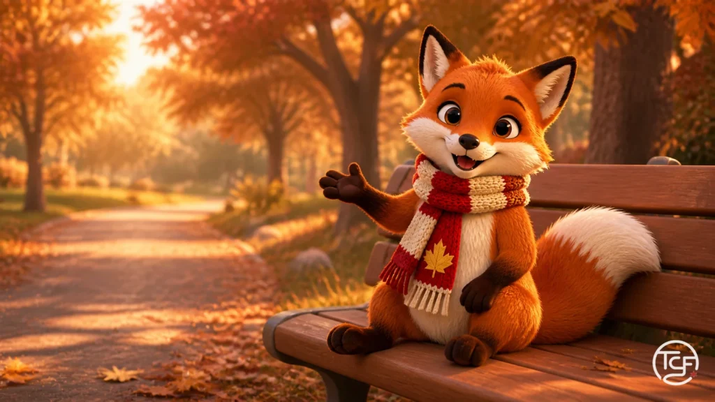 Renard roux du Canada sur un banc de parc en automne, une patte levee en geste accueillant comme en pleine conversation, avec une echarpe rouge et creme a feuille d'erable.