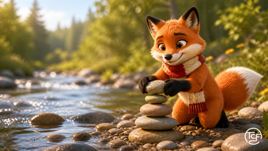 Renard roux du Canada empilant soigneusement des galets lisses en un petit cairn au bord d'un ruisseau, avec une echarpe rouge et creme a feuille d'erable.