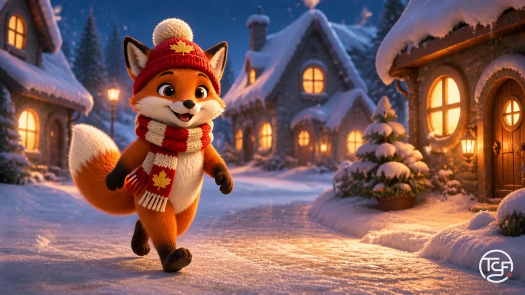 Renard roux du Canada marchant dans une ruelle de village enneige au crepuscule, fenetres illuminees, avec une tuque rouge et une echarpe rouge et creme a feuille d'erable.