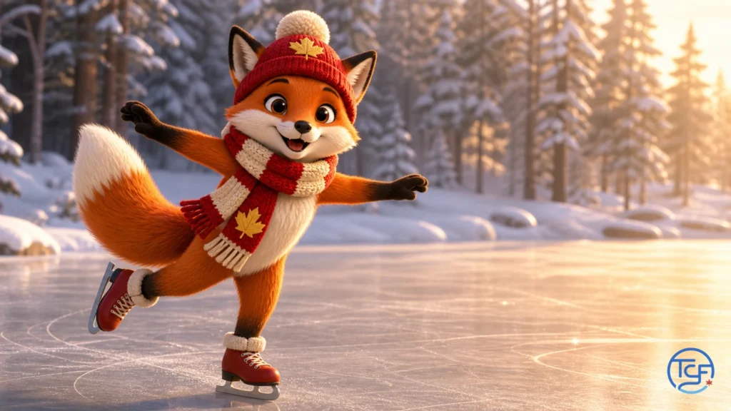 Renard roux du Canada patinant joyeusement sur un etang gele dans une foret enneigee, avec une tuque rouge et une echarpe rouge et creme a feuille d'erable.