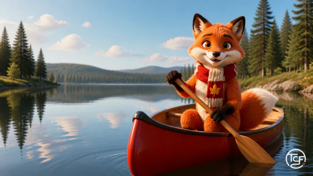 Renard roux du Canada pagayant dans un canot rouge sur un lac nordique calme aux reflets de sapins, ete, avec une echarpe rouge et creme a feuille d'erable.