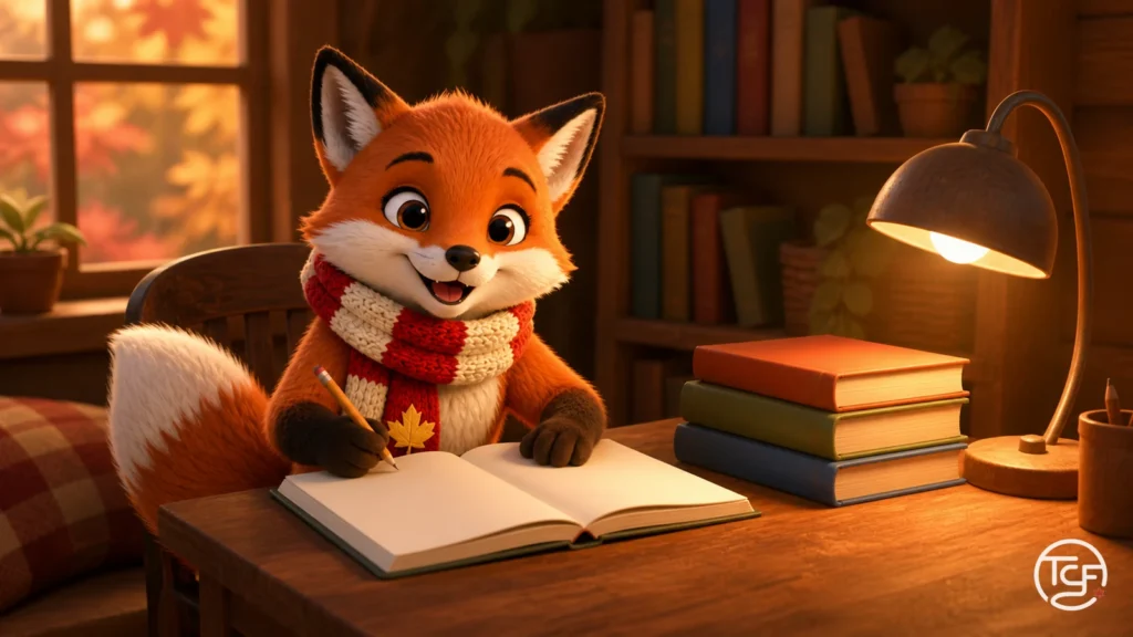 Renard roux du Canada studieux a un bureau de bois avec une pile de livres vierges et une lampe chaleureuse, avec une echarpe rouge et creme a feuille d'erable.
