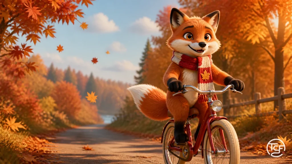 Renard roux du Canada a velo sur un chemin de campagne borde d'erables en automne, avec une echarpe rouge et creme a feuille d'erable.